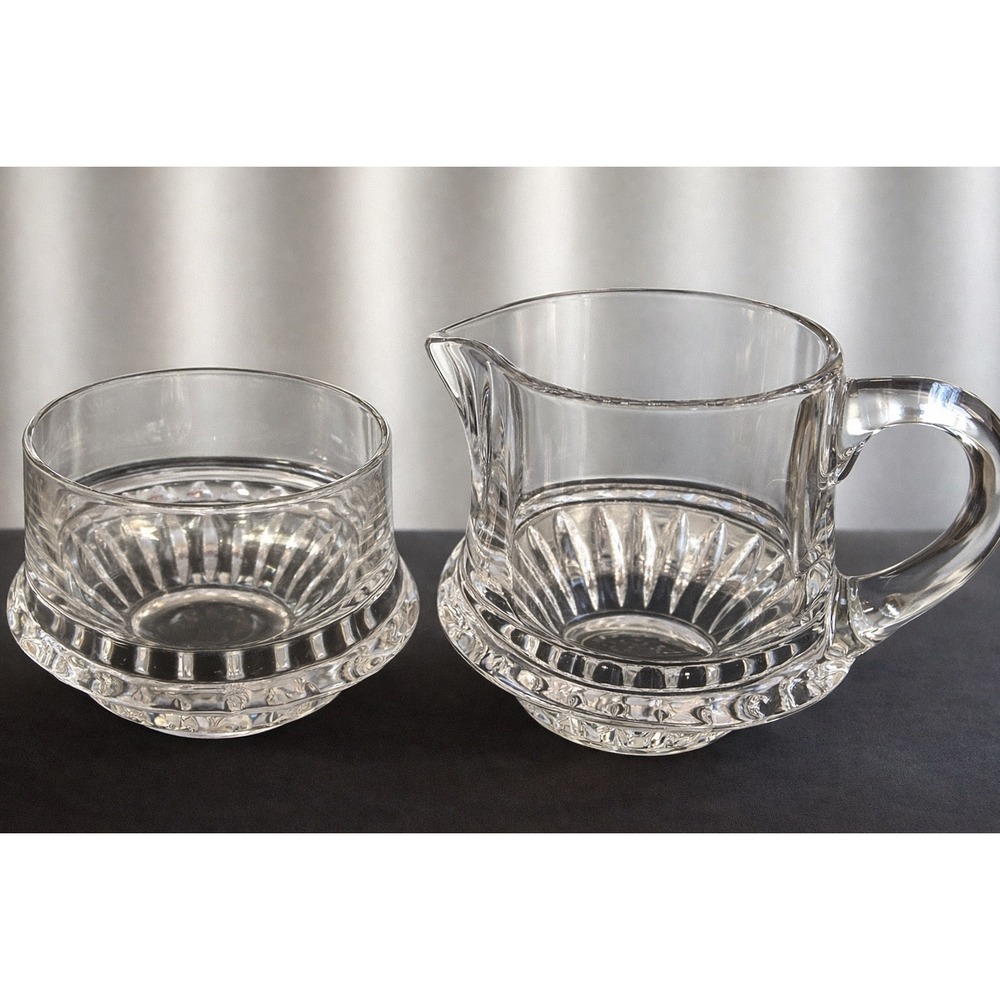 Vintage Clear Cut Glass Creamer and Sugar Bowl Set Thumbprint Sunburst Pattern